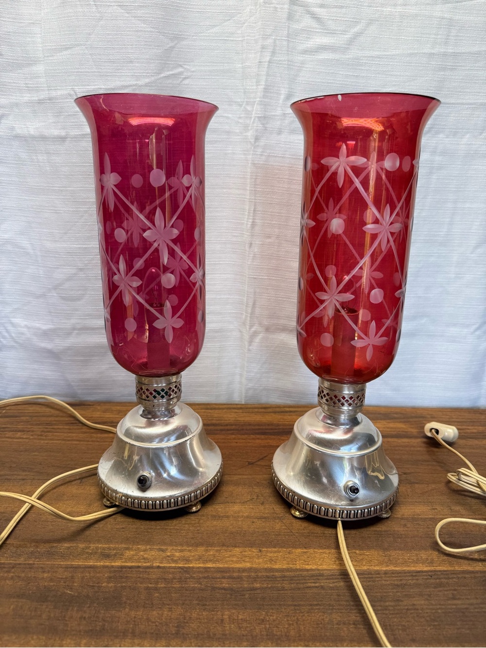Vintage Cranberry Glass Hurricane Lamps Etched Star Boudoir Accent Pair Tested